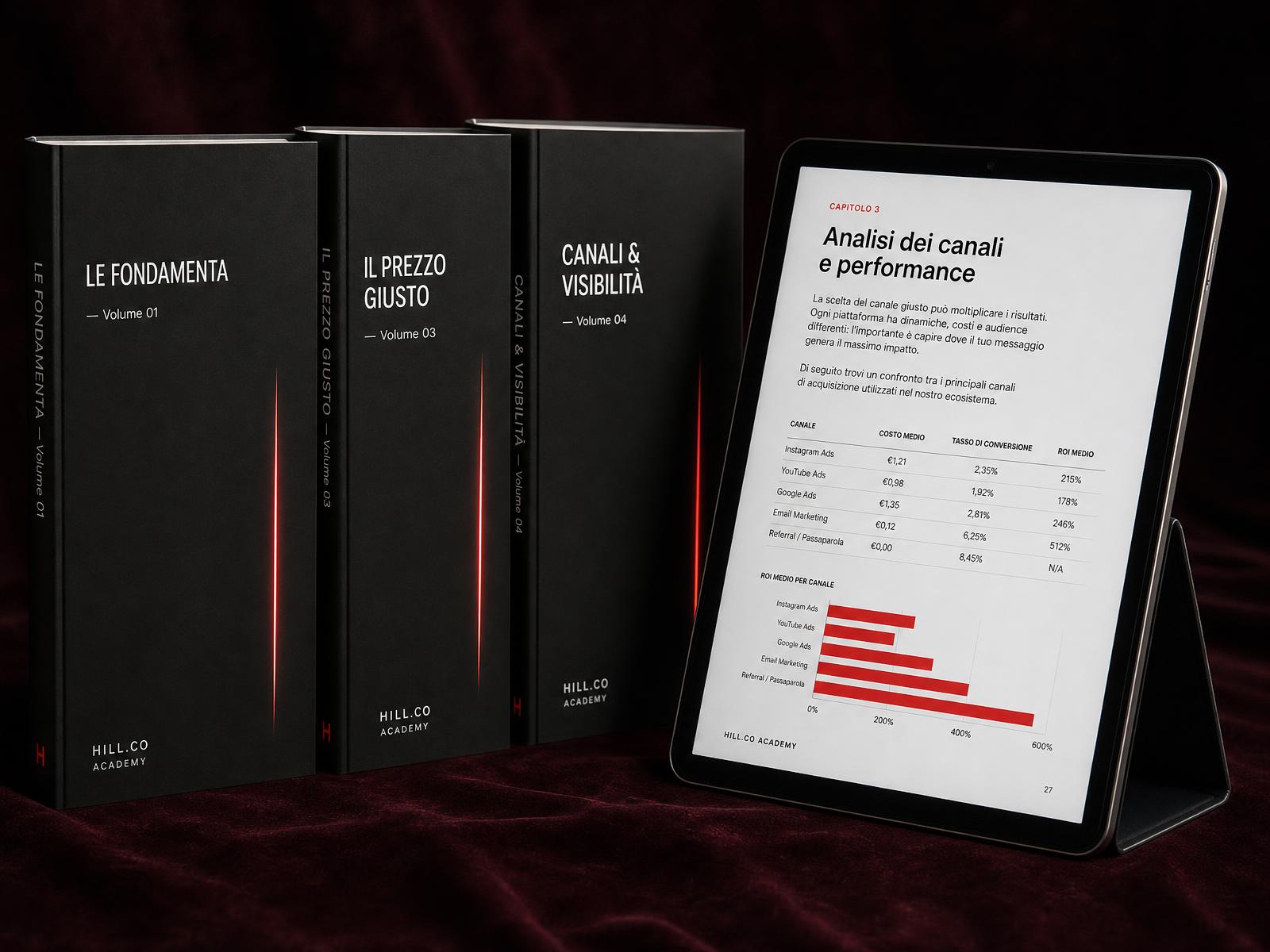 Collana di e-book HILLCO Academy su superficie in velluto bordeaux